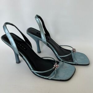 DUMOND Women's US 6 EU 37 Square Toes Heels Sandals Metallic Blue Accent Stones